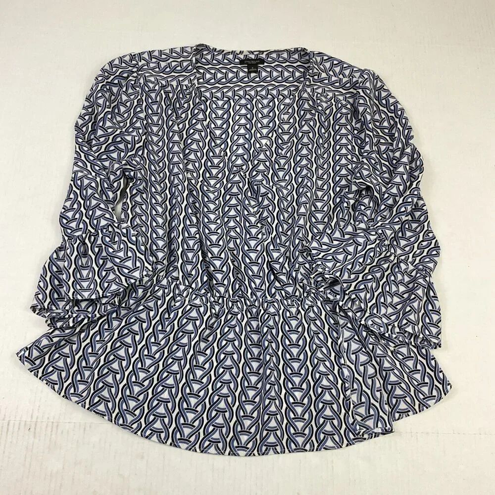 Ann Taylor Faux Wrap Blouse Printed Flared 3/4 Sleeve Shirt V-Neck Top M Medium